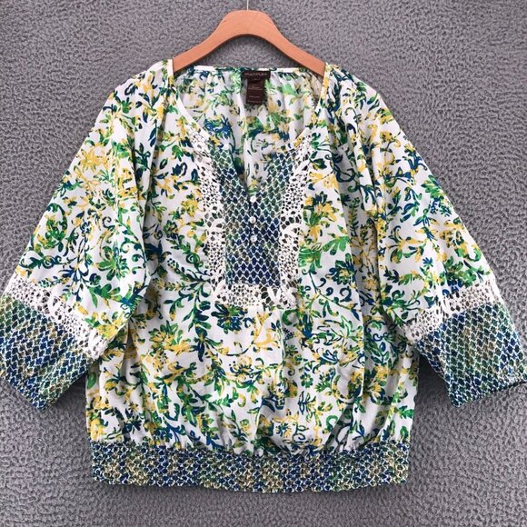 Multiples Blouse Women 1X Plus Multi Floral Crochet Lace 3/4 Sleeve Smocked Boho - Picture 1 of 9
